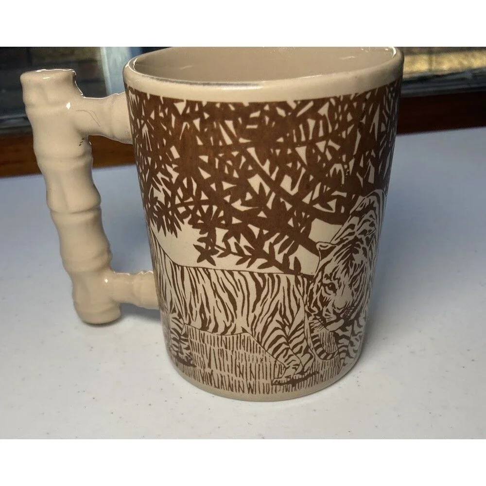 ARNART - Vtg Brown & Tan Tiger Safari Jungle Bamboo Royal Crown Coffee Cup Mug